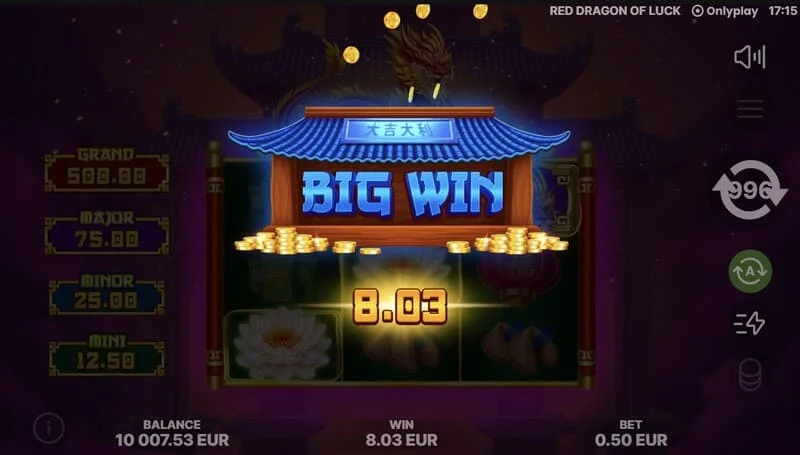 Red Dragon of Luck - glavni ekran s mrežom 3x3 i crvenim zmajem